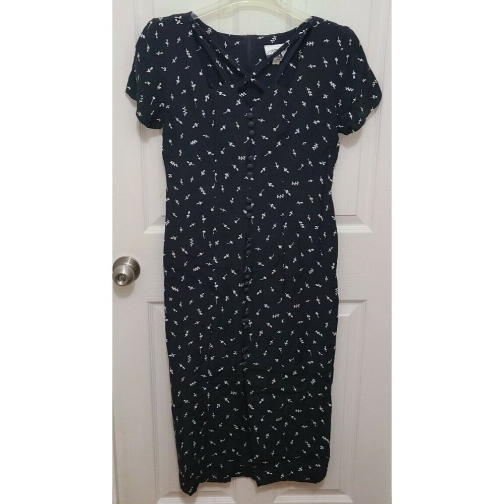 Vtg Marnie West Short Sleeve Button Front Dress‎ Cut Out Neck Black Floral 9/10